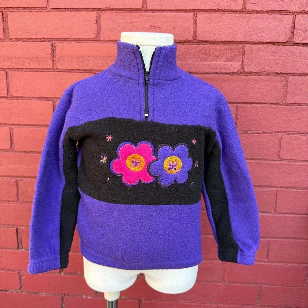 Vtg 90s Fleece Pullover Toddler‎ Girls Size 3T Flower Embroidery Groovy Purple